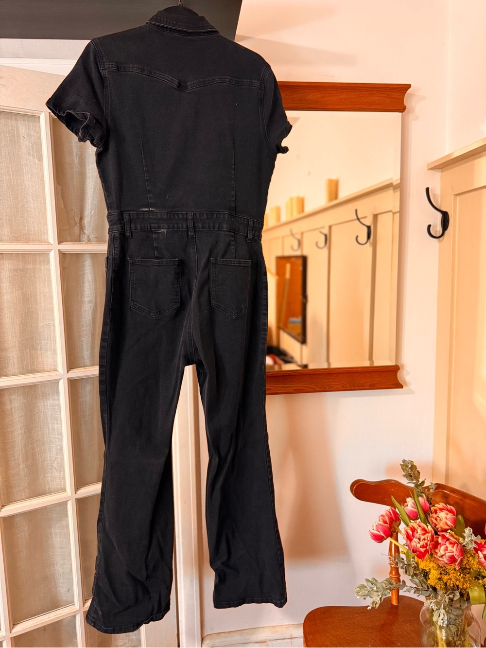 Black Short-Sleeve Denim Jumpsuit - Picture 6 of 8